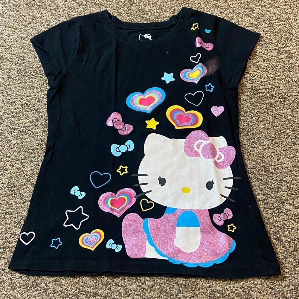 Hello Kitty Style Vintage Black T-Shirt with Colorful Hearts Size XL (14/16)